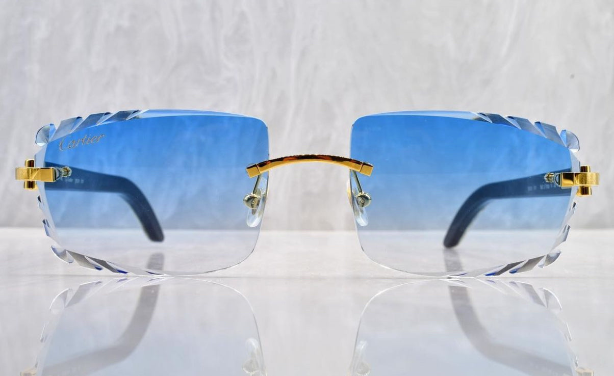 Pre-Owned Cartier Buffalo Horn White Diamond Cut Sunglasses Blue Gradient