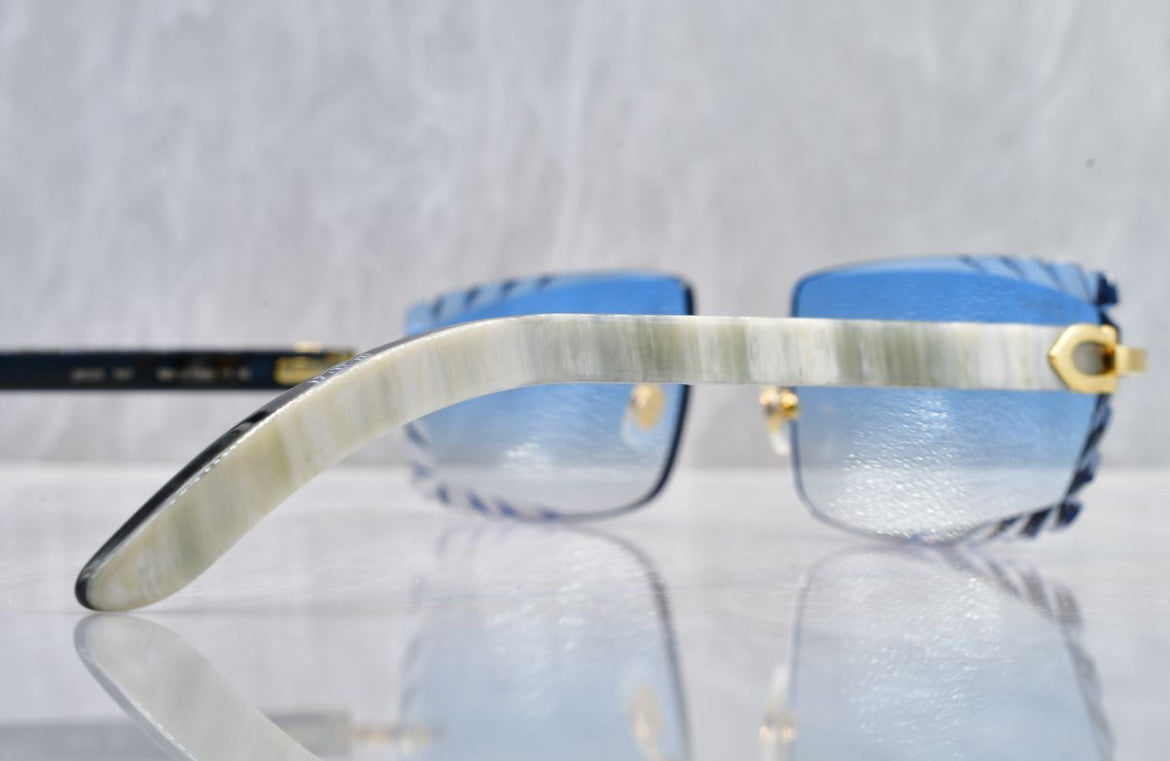 Pre-Owned Cartier Buffalo Horn White Diamond Cut Sunglasses Blue Gradient