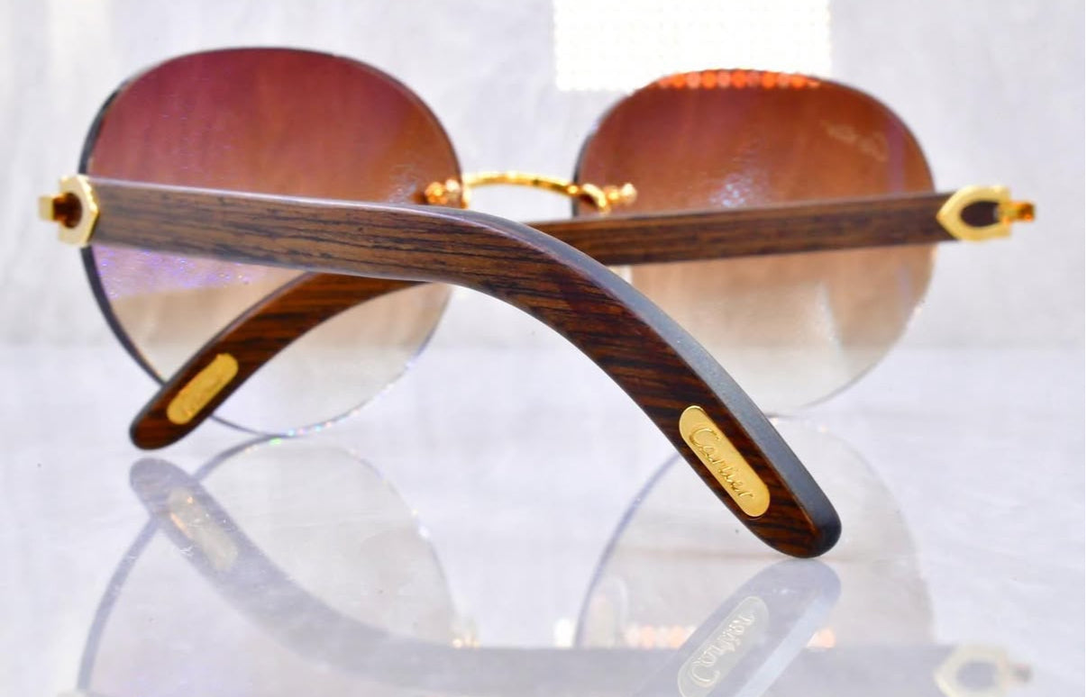 Pre-Owned Wood Frame Sunglasses Oval Tan Brown Gradient