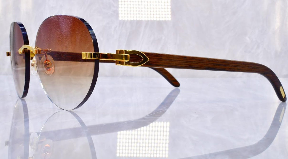 Pre-Owned Wood Frame Sunglasses Oval Tan Brown Gradient