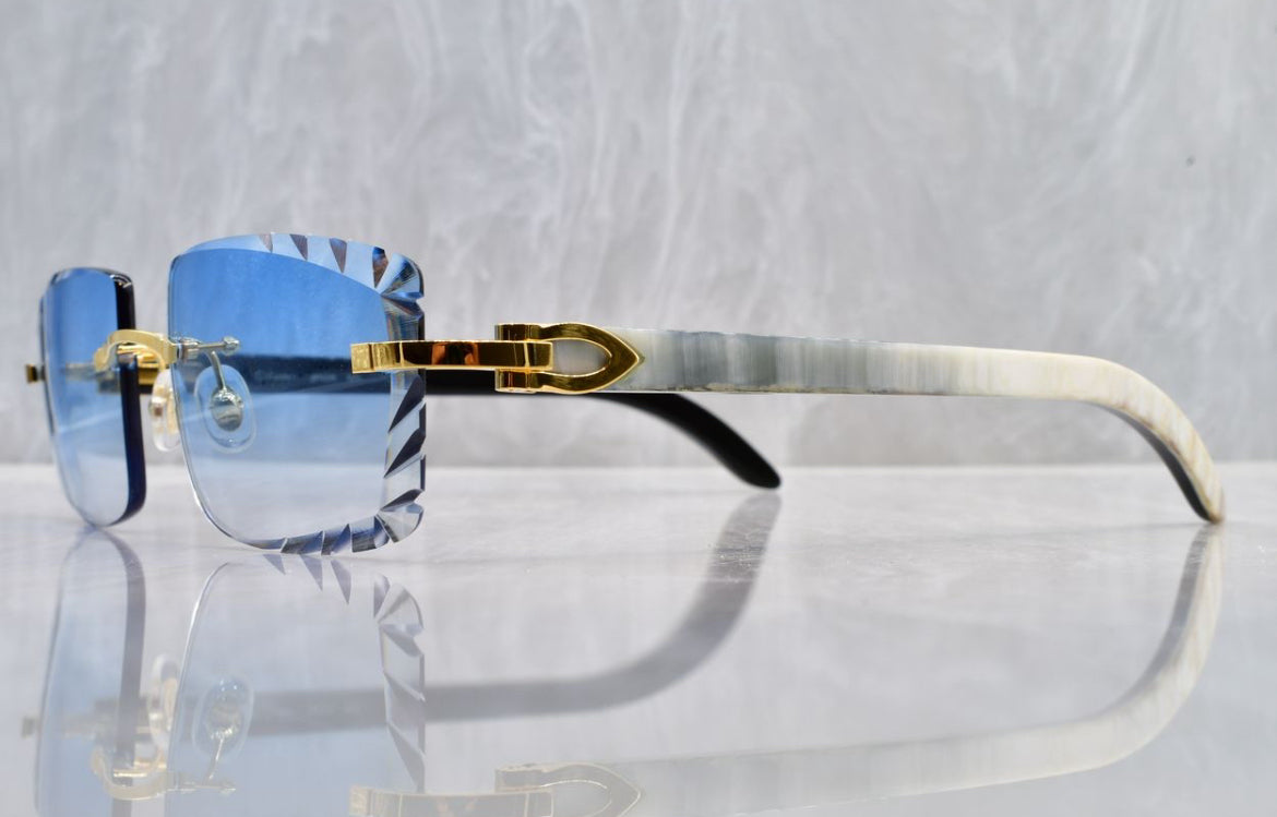 Pre-Owned Cartier Buffalo Horn White Diamond Cut Sunglasses Blue Gradient