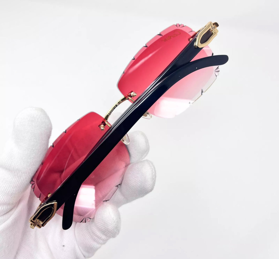 Pre-Owned Cartier Buffalo Horn Black Diamond Cut Sunglasses Red Gradient