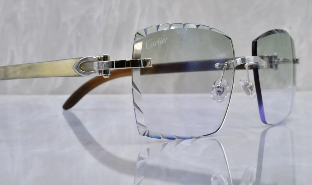Pre-Owned Cartier Buffalo Horn White Diamond Cut Sunglasses Clear