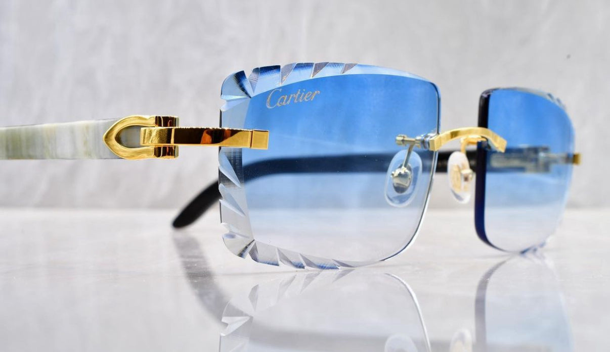 Pre-Owned Cartier Buffalo Horn White Diamond Cut Sunglasses Blue Gradient
