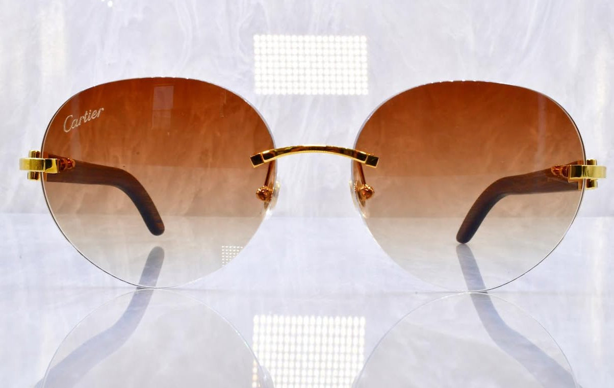 Pre-Owned Wood Frame Sunglasses Oval Tan Brown Gradient