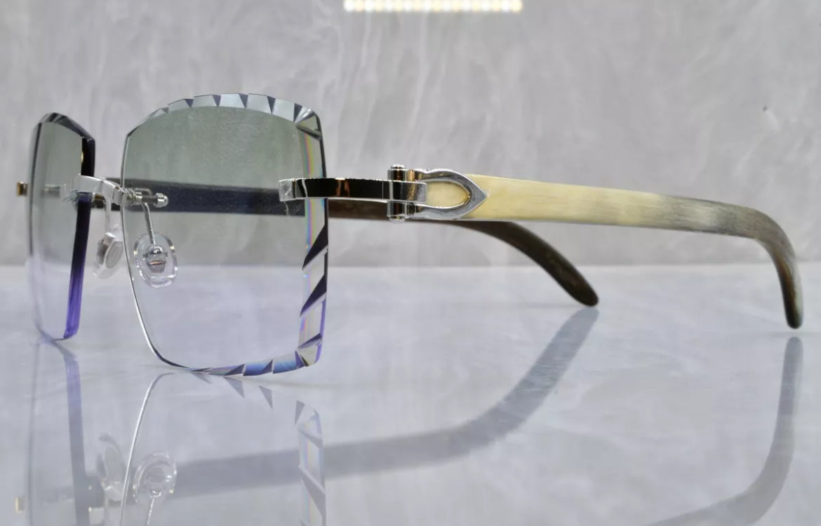 Pre-Owned Cartier Buffalo Horn White Diamond Cut Sunglasses Clear